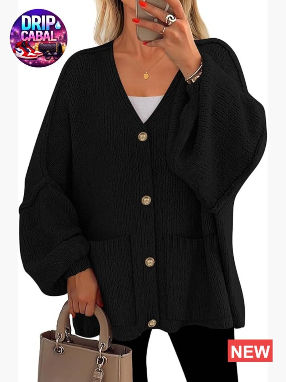 Chunky Oversized Cardigan with Pockets Lantern Sleeve V-Neck Button Down